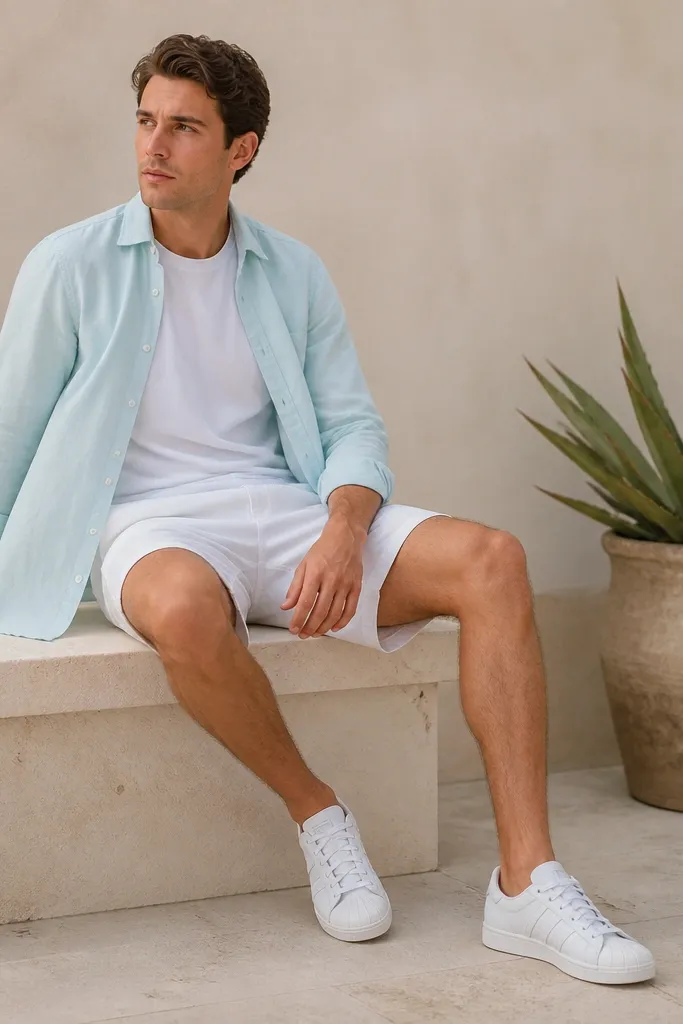 A summer style shot: a pastel blue or mint overshirt worn open over a white tee, paired with white shorts and white adidas Superstars. Low socks are barely visible.