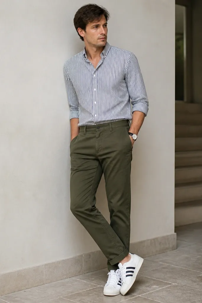 A person wearing a thin striped shirt in white and navy, tucked into olive chinos. White adidas Superstars and a simple watch appear in the frame.