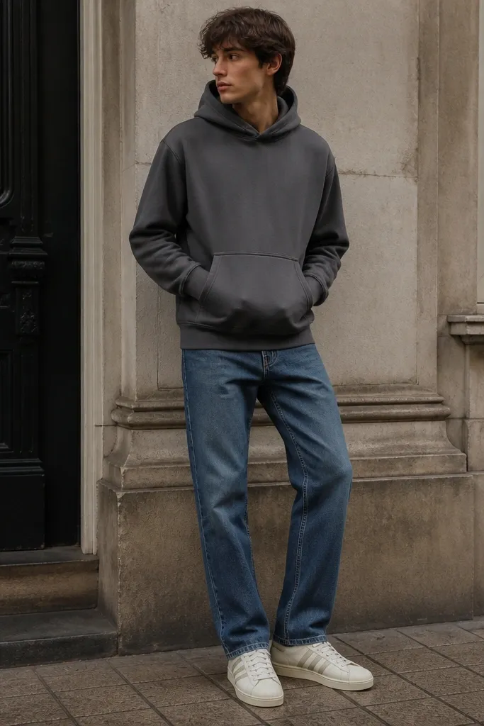 A person wearing white/cream adidas Superstar sneakers with a glossy shell toe, a charcoal grey midweight hoodie, and straight-leg blue jeans. They stand outdoors with a relaxed stance; the hoodie cuffs sit over the wrists and the jeans break slightly above the shoe.