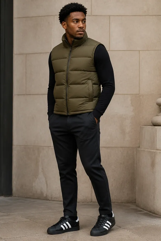 Black adidas Superstar sneakers with white stripes, an olive green puffer vest over a fitted black long-sleeve top, and dark tapered pants. The vest has a matte finish and sits snug at the waist; the pants show a clean taper into the shoes.
