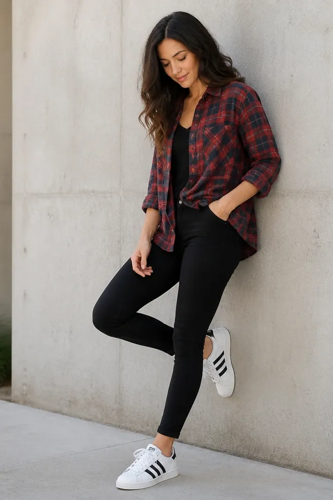 White adidas Superstar sneakers paired with a red-and-blue plaid flannel shirt, worn slightly open over a dark top. The bottom is black leggings or skinny pants, and the flannel hem is tucked at the front for a casual shape.