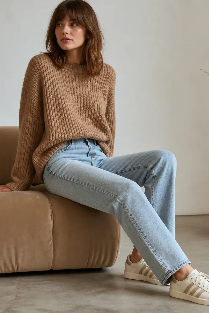 Cream adidas Superstar sneakers with warm beige accents, a camel-brown knit sweater, and light wash denim jeans. The sweater is slightly oversized but tucked loosely at the front, and the jeans have a straight leg with a mild fade.