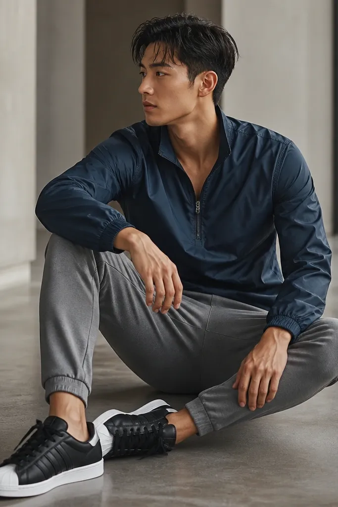 Black adidas Superstar sneakers with white shell toe edges, a navy track jacket with a subtle sheen, and tapered jogger pants in grey. The jacket zips halfway and sits clean at the waist; the joggers show a tapered ankle.