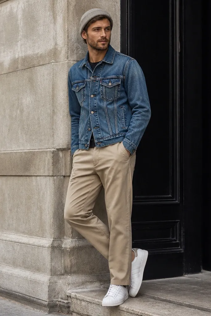 White adidas Superstar sneakers paired with a medium-wash denim jacket, a simple knit beanie, and beige straight chinos. The jacket is worn buttoned or half-buttoned, and the chinos sit at the natural waist.