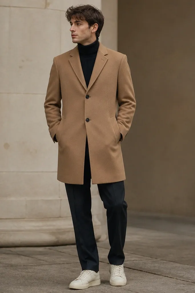 Cream adidas Superstar sneakers with a glossy shell toe, a black ribbed turtleneck, and a camel overcoat that reaches mid-thigh. The coat is buttoned and the pants are dark and straight, with a clean line into the shoes.