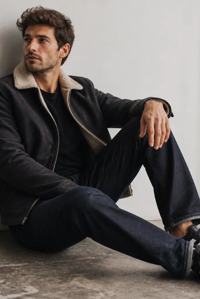 Black adidas Superstar sneakers with white stripes, a dark jacket with visible sherpa lining at the collar and inside panels, and deep indigo jeans. The jacket is unzipped slightly and shows the fluffy lining texture.