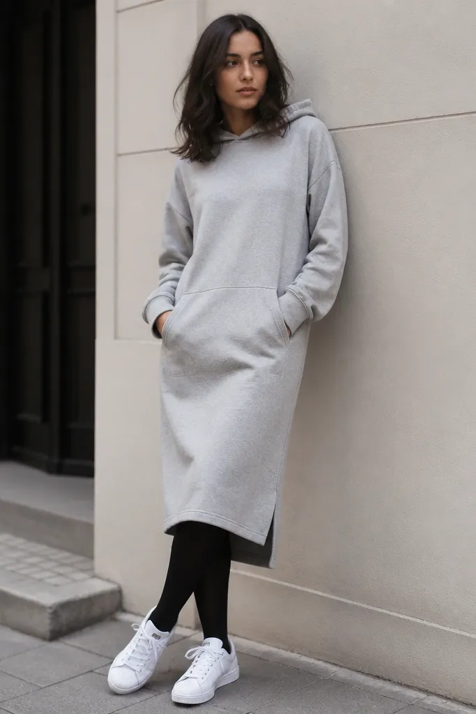 White adidas Superstar sneakers paired with a grey hoodie dress that falls to mid-calf, worn with opaque black tights. The dress has a kangaroo pocket and a relaxed fit; the sneakers show clean white leather and a shell toe.