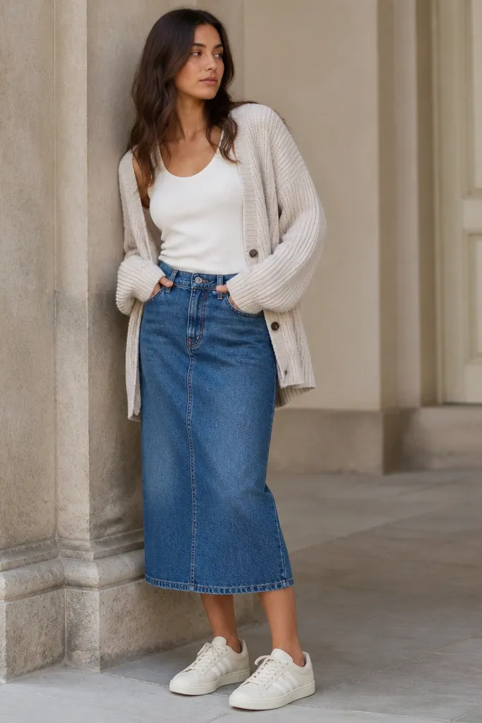 Cream adidas Superstar sneakers with blue denim midi skirt and a soft knit cardigan in light oatmeal. The cardigan is open and lightly draped; the skirt has a straight-to-slight-A line shape and hits around mid-calf.