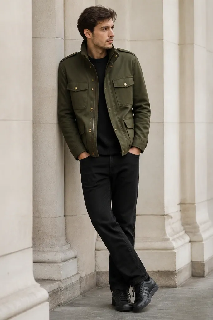 Black adidas Superstar sneakers with a matte finish paired with an olive military-style jacket with brass buttons and black straight jeans. The jacket collar stands slightly and the hem hits near the waistband.