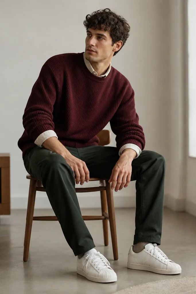 White adidas Superstar sneakers with burgundy knit sweater and dark green chinos. The sweater is slightly oversized with sleeves pushed to show cuffs; the chinos are tapered and break cleanly at the shoe.