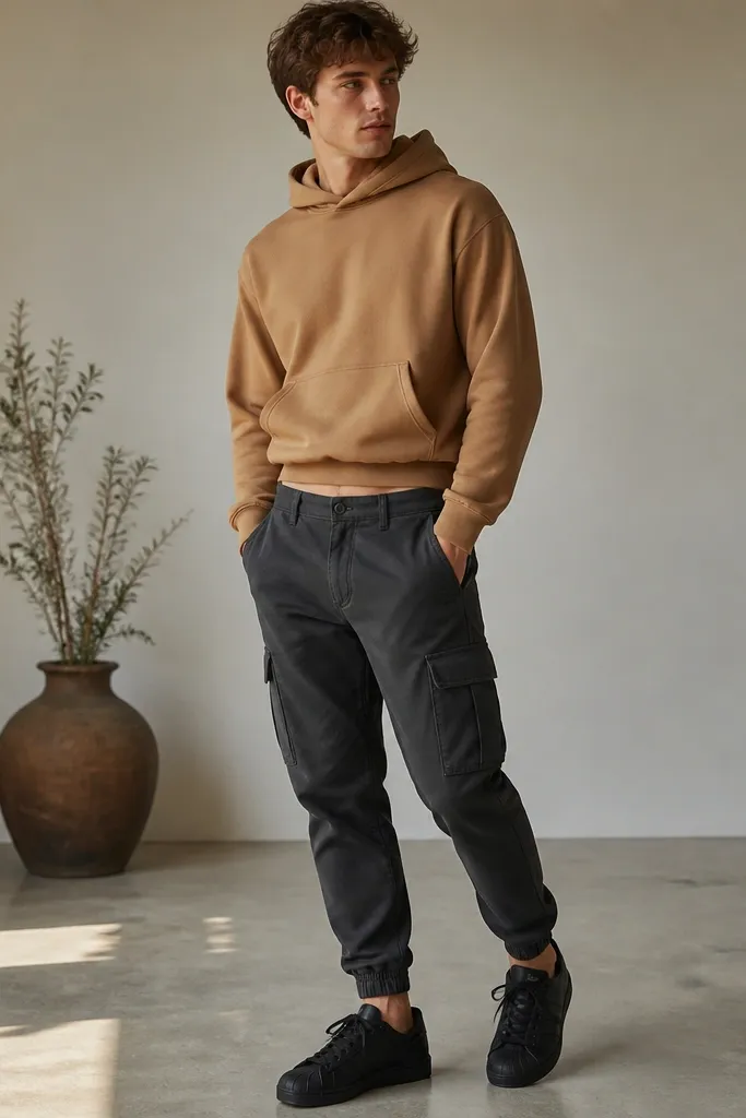 Black adidas Superstar sneakers paired with a camel hoodie and charcoal cargo pants. The cargo has visible pockets on the thighs and a tapered ankle cuff; the hoodie hem sits above the pant waistband slightly.