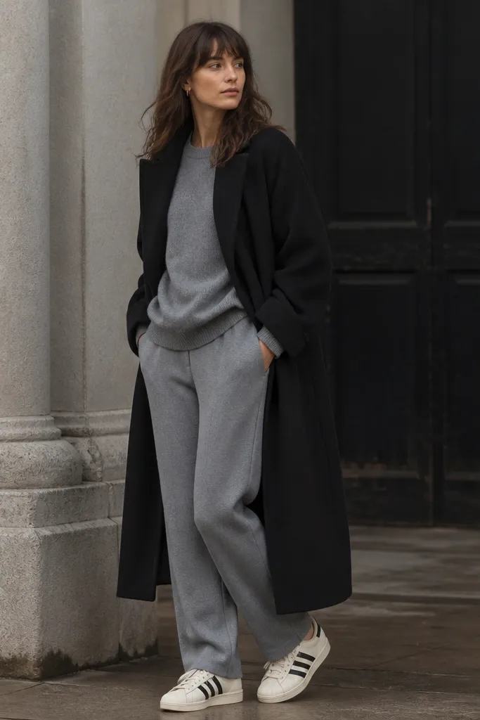 Cream adidas Superstar sneakers with a black maxi coat worn open, layered over a grey sweater and matching grey pants. The maxi coat reaches below the knee and the outfit has a soft monochrome grey base.