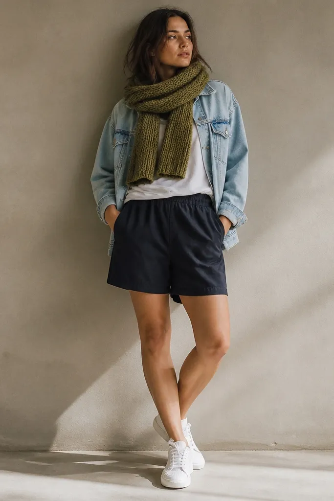 White adidas Superstar sneakers with a light denim jacket, dark shorts, and an olive knit scarf wrapped around the neck. The shorts are slightly longer and reach mid-thigh; the jacket is worn open.