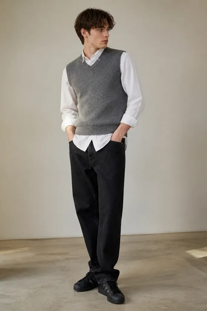 Black adidas Superstar sneakers with a grey sweater vest layered over a white button-down shirt. The vest is fitted at the torso, the shirt is slightly untucked, and the pants are dark straight jeans.
