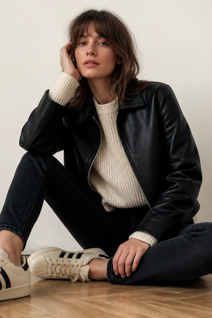 Cream adidas Superstar sneakers with a black leather jacket, a soft knit top in cream or light beige, and slim dark jeans. The leather jacket has a slightly cropped hem and a visible zipper; the knit top looks thick and cozy.