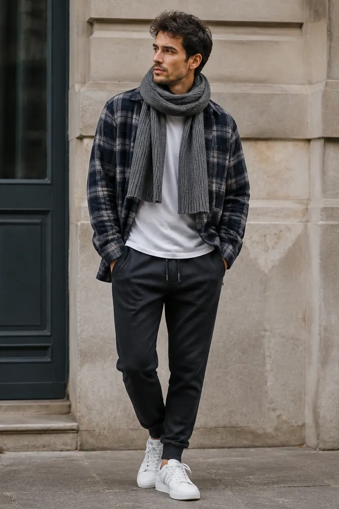 White adidas Superstar sneakers with a plaid over-shirt in navy/grey, worn open over a plain tee. The pants are dark joggers with a tapered ankle, and a textured wool scarf in grey wraps around the neck.