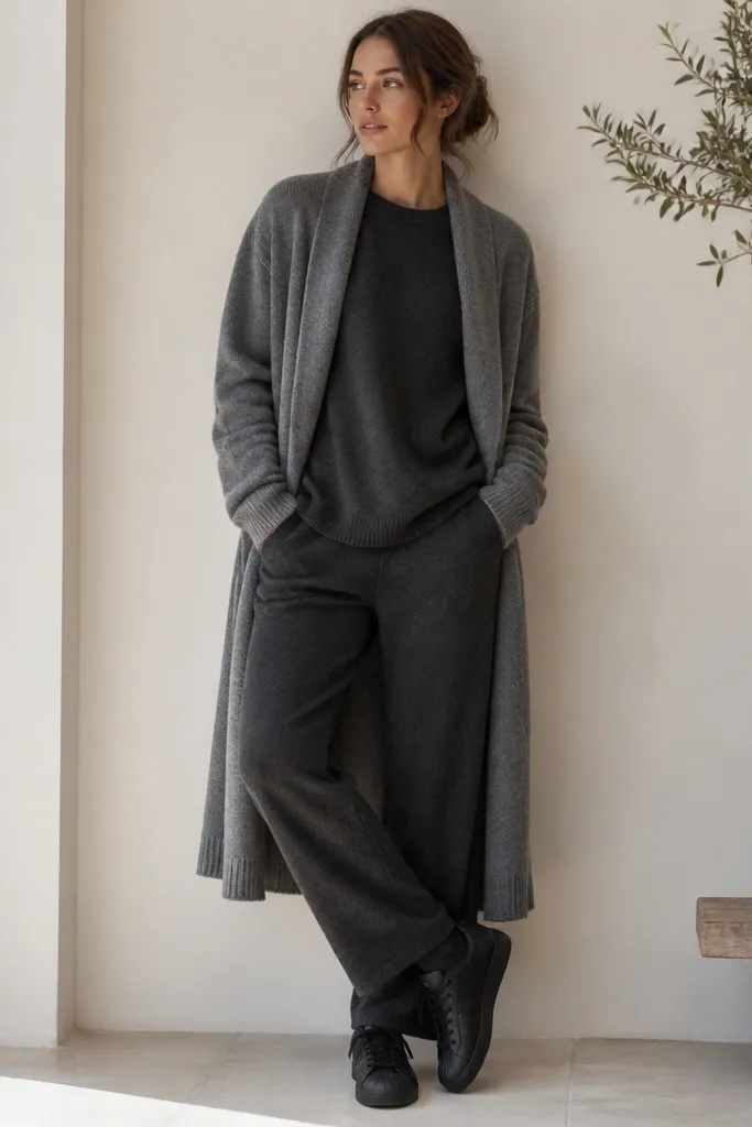 Black adidas Superstar sneakers with an all-dark cozy knit set: a knit top and matching pants in deep charcoal. A long cardigan in slightly lighter grey is worn open, reaching mid-calf, and the outfit looks soft and drapey.