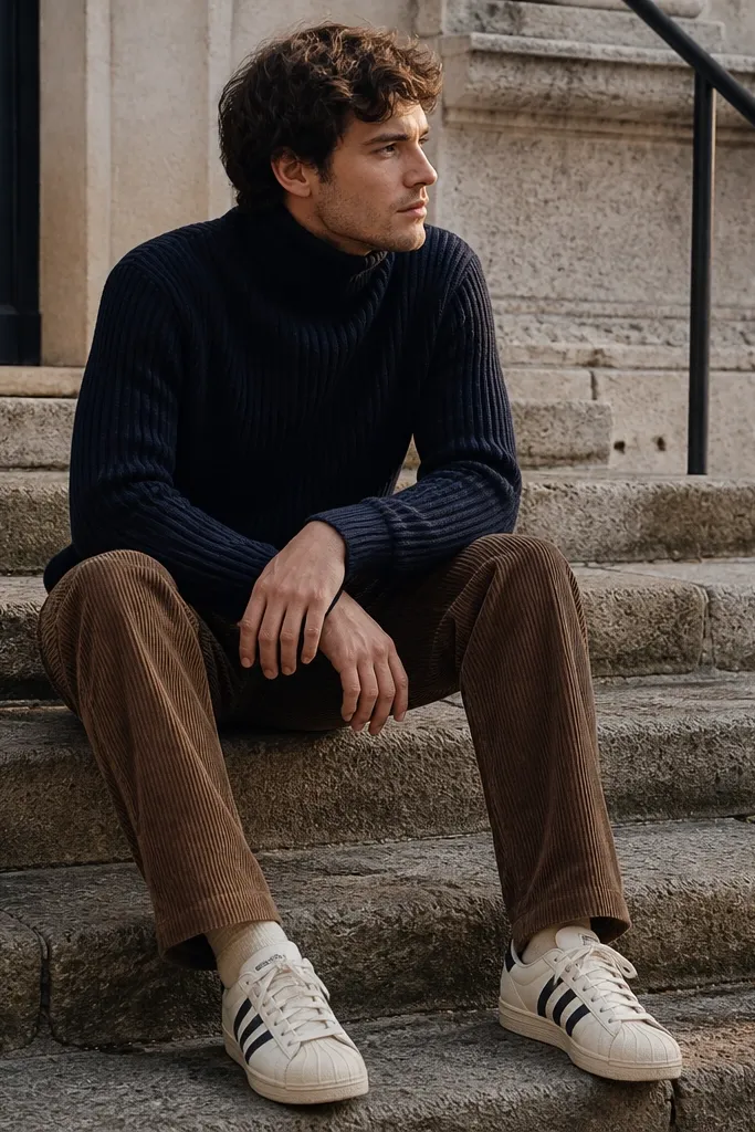 Cream adidas Superstar sneakers with a navy ribbed turtleneck and brown corduroy pants. The corduroys have visible ridges and a straight fit; the outfit looks warm and textured in outdoor light.