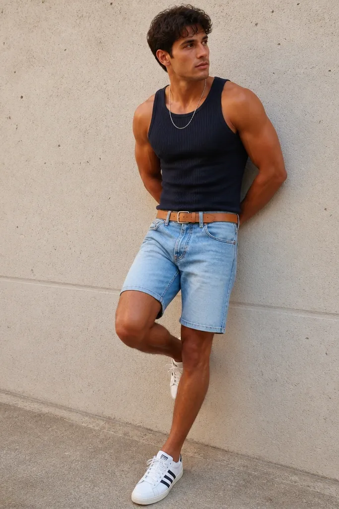 A man wearing white leather Adidas Superstars with three stripes, light-wash denim jorts cut mid-thigh, and a fitted navy ribbed tank. He has a tan belt and a simple silver chain; the tank shows slight texture and the jorts have subtle fading without big rips.