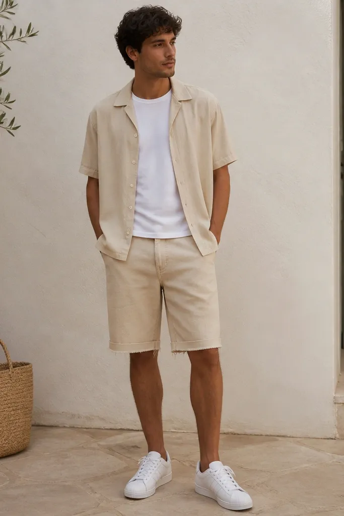 A person wearing white Adidas Superstars, cuffed sand-beige jorts with a slightly frayed hem, and a light sand camp-collar shirt worn open over a white crew-neck tee. The outfit has a relaxed vacation feel with a straw tote in the background.