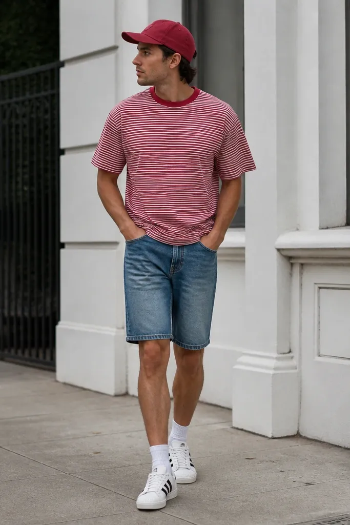 A man in white Adidas Superstars wearing medium-wash denim jorts that hit mid-thigh, a red-and-white striped T-shirt, and a red baseball cap. The jorts have small whisker fading and no large rips.