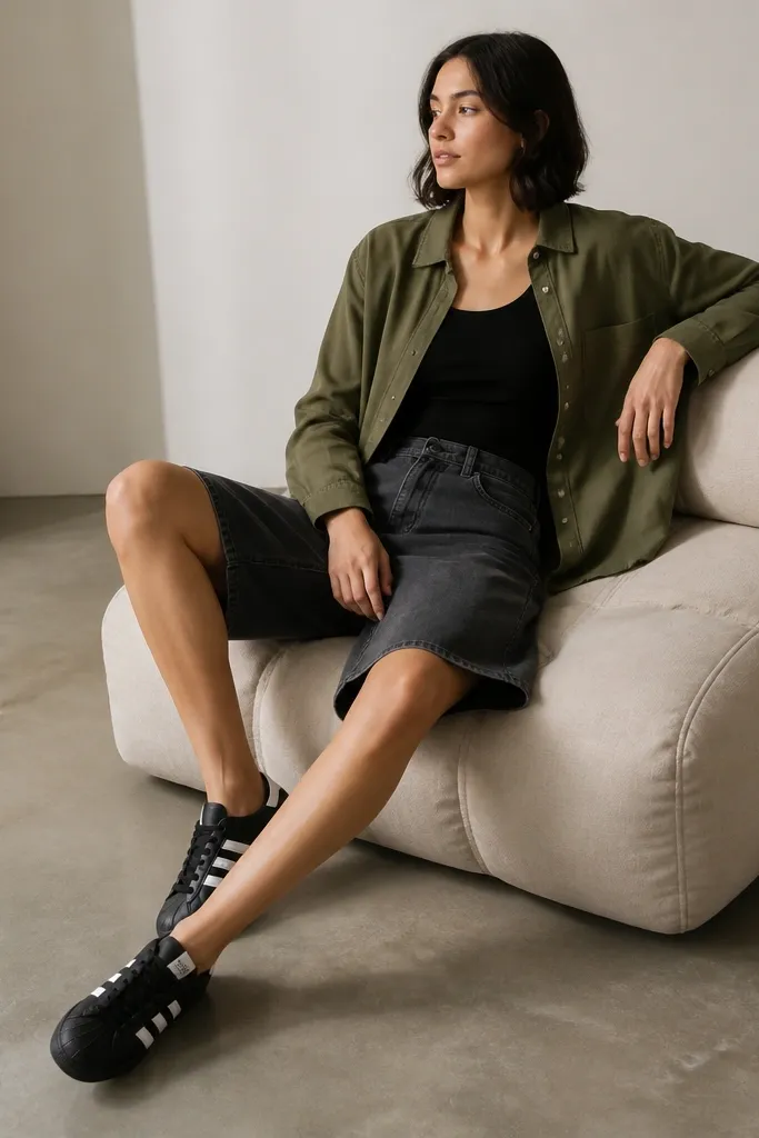 A woman wearing black Adidas Superstars and charcoal gray jorts, styled with an olive lightweight overshirt worn open over a black tank. The overshirt has button closures and the jorts look sturdy with straight seams.