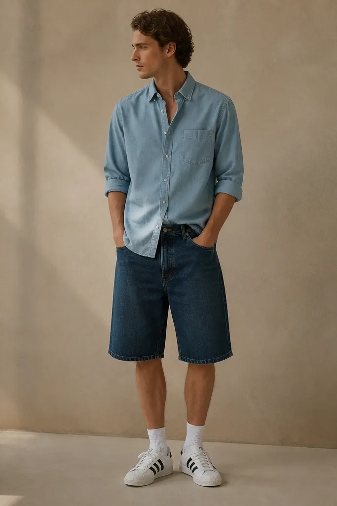 A person wearing white Adidas Superstars, darker indigo jorts, and a light chambray long-sleeve button-down worn half-tucked. Sleeves are rolled to the forearm, and the shirt has a soft blue tone.
