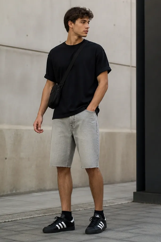 A man wearing black Adidas Superstars, light gray jorts cut above the knee, and an oversized black T-shirt. He has a small black crossbody bag across his chest and the tee sleeves are slightly rolled.