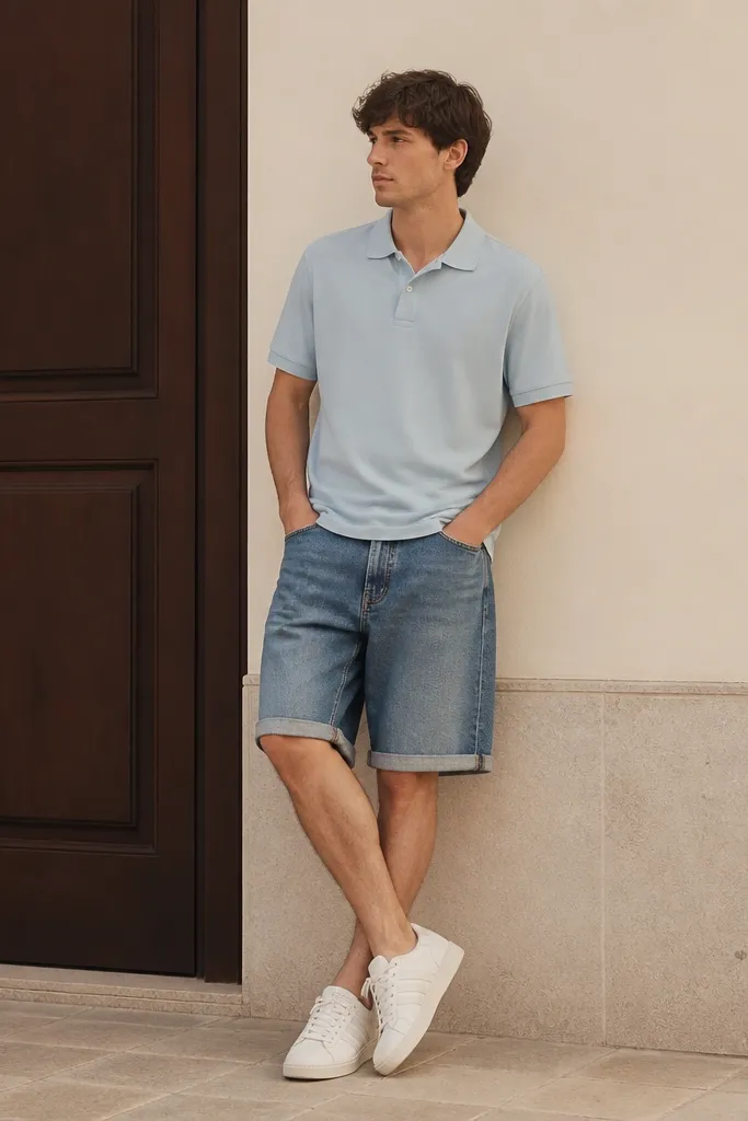 A person wearing white Adidas Superstars, pastel blue polo shirt, and cuffed jorts in medium wash. The polo is buttoned to the second button, collar is crisp, and the jorts hem is folded once.