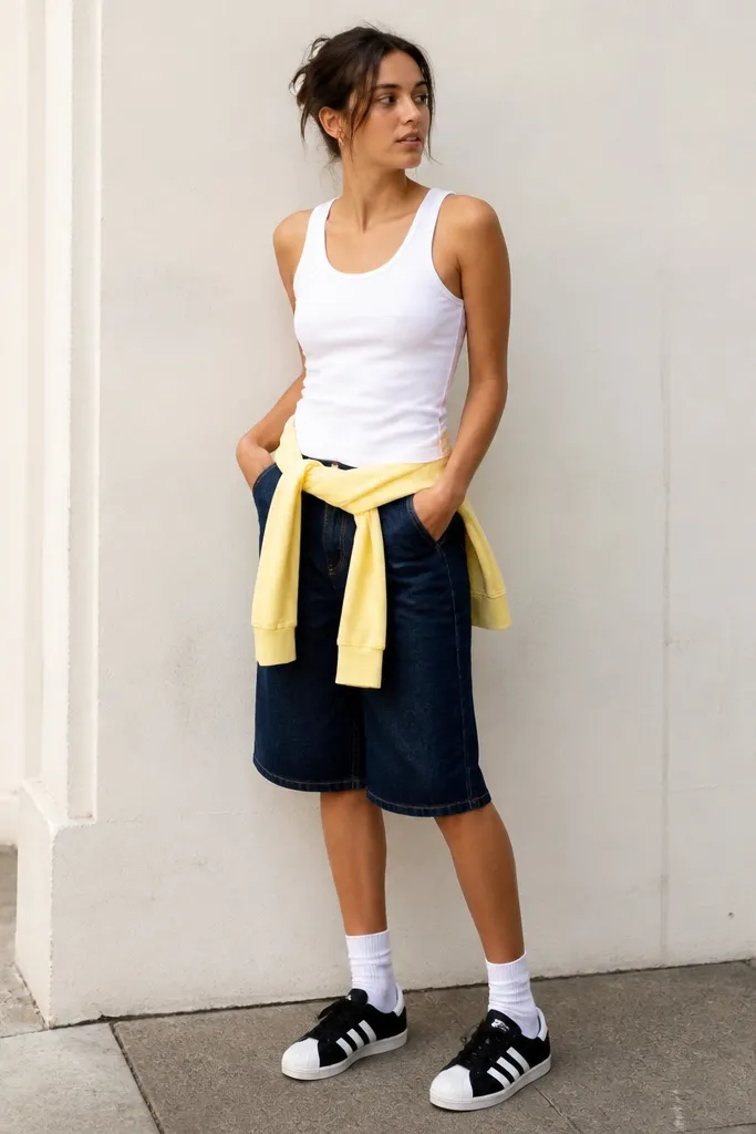 A woman wearing black Adidas Superstars with indigo jorts and a lemon-yellow hoodie tied around her waist. The hoodie sleeves are visible at the sides, and the base outfit includes a plain white tank under the hoodie.