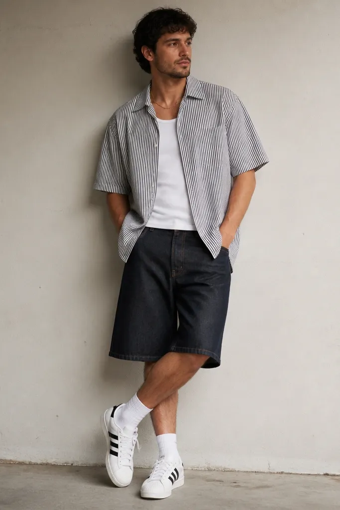 A man wearing white Adidas Superstars, dark indigo jorts, and a short-sleeve button-down with thin black-and-white stripes. He has a gold chain and the shirt is worn open over a white tee.