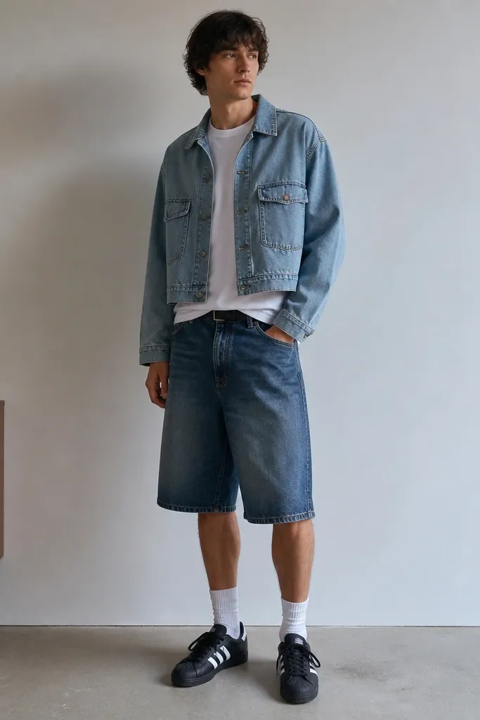 A person wearing black Adidas Superstars, a cropped light denim chore jacket worn open over a white tee, and jorts in a slightly darker wash. The jacket hem sits above the waistband and sleeves are buttoned loosely.