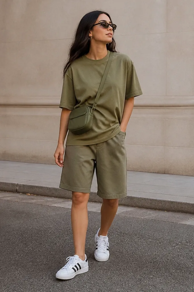 A woman wearing white Adidas Superstars with olive-green jorts and an olive-green T-shirt in a slightly different shade. The outfit is monochrome with a relaxed fit and a small crossbody bag.