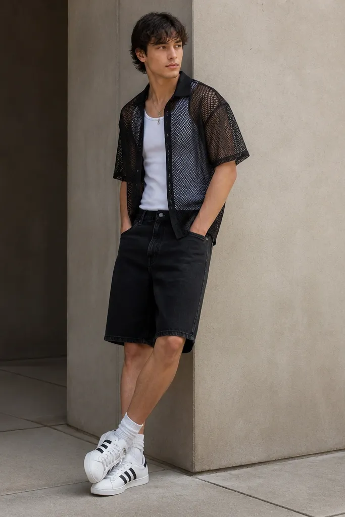 A person wearing white Adidas Superstars, black denim jorts, and a black mesh short-sleeve overlay over a plain white tank. The mesh is slightly see-through and the jorts are clean with minimal distress.