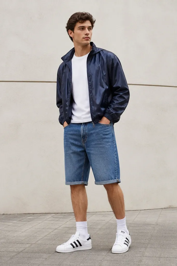 A man wearing white Adidas Superstars, cuffed medium-wash jorts, and a navy lightweight windbreaker worn open over a white crew-neck tee. The windbreaker has a shiny finish and the sleeves are slightly gathered at the wrists.