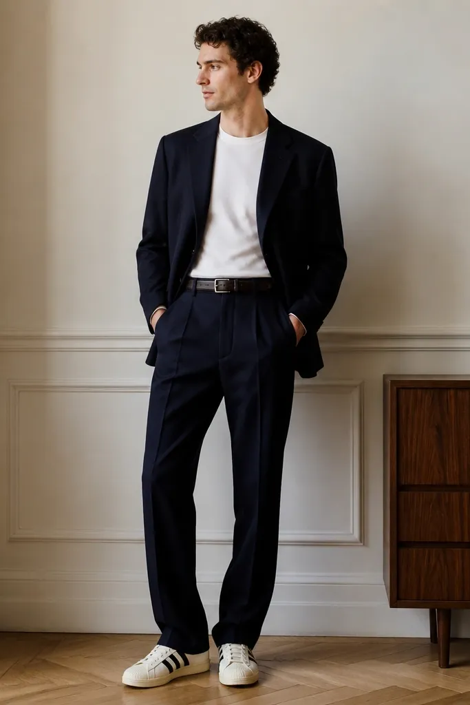 A man in a navy wool blazer with a crisp white tee, high-waisted pleated navy trousers, and clean cream adidas Superstar sneakers. The photo shows a neat trouser break barely touching the shoe and a dark leather belt.