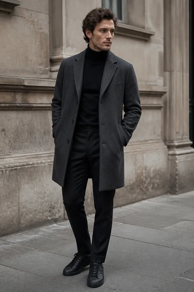 A man wearing a charcoal overcoat over a fitted black turtleneck, black tailored trousers, and black adidas Superstar sneakers. The overcoat falls to mid-thigh and the sneakers sit under a clean trouser line.