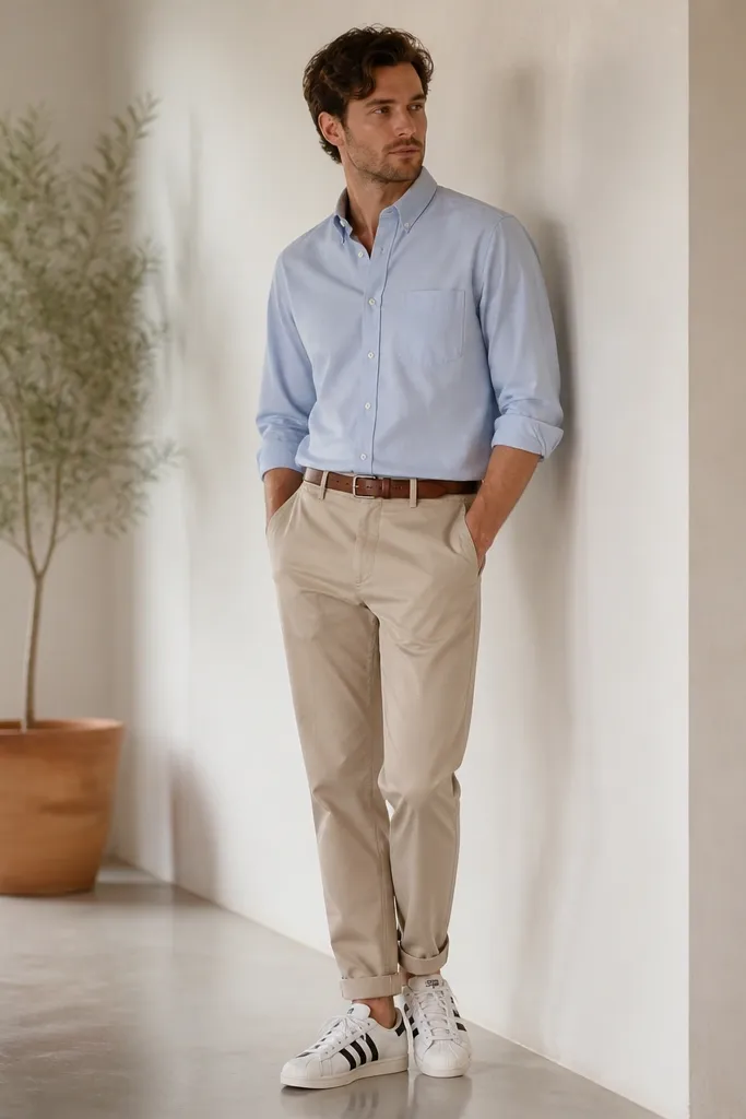 A man wearing a light blue oxford button-down tucked into stone-colored chinos with a rolled sleeve, paired with white adidas Superstar sneakers. The photo shows a clean belt and a slightly relaxed chino taper.