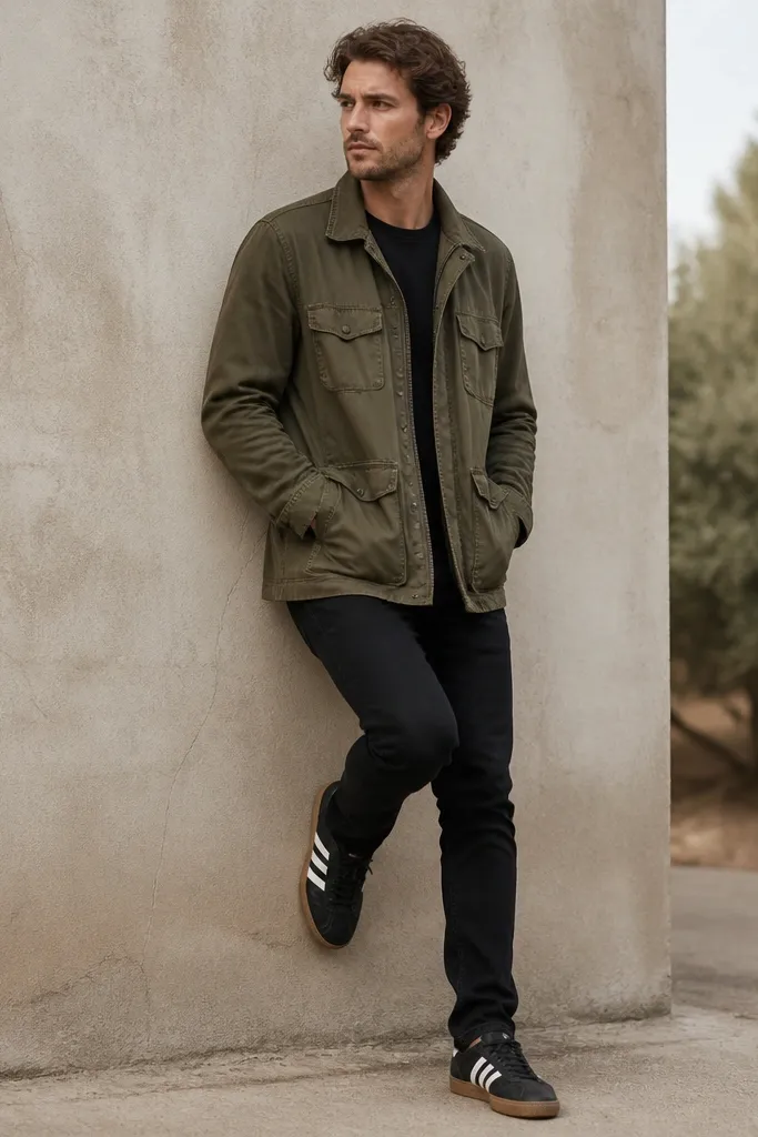 A man in an olive field jacket with a worn matte finish, black slim jeans, and gum-sole adidas Superstar sneakers. The jacket is unzipped and the tee is black.