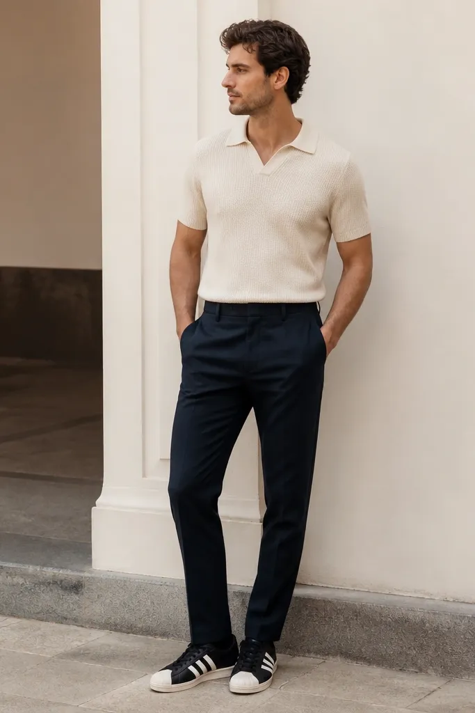 A man wearing a cream knit polo with the collar open slightly, navy tapered trousers, and black adidas Superstar sneakers. The photo shows the polo texture and a clean belt line.