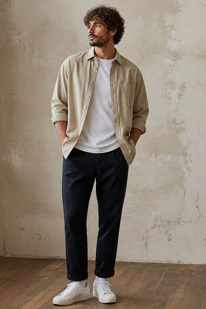 A man in an oversized beige button-up worn open over a white tee, dark navy chinos, and white adidas Superstar sneakers. The shirt sleeves are rolled and the hem is slightly untucked.