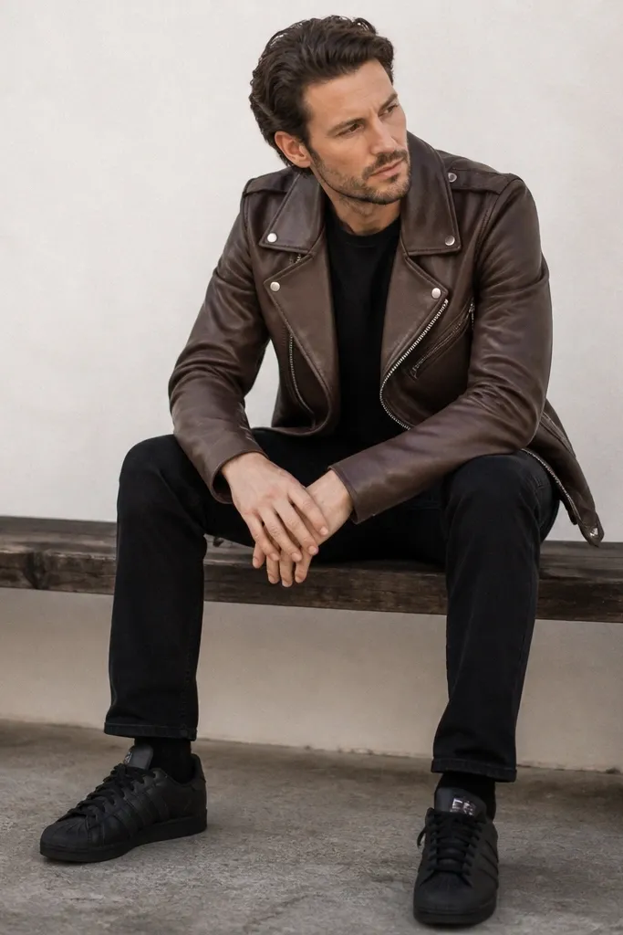 A man wearing a cocoa brown leather biker jacket over a black crew tee, black jeans, and black adidas Superstar sneakers. The leather has a matte finish and the jacket zips partway.