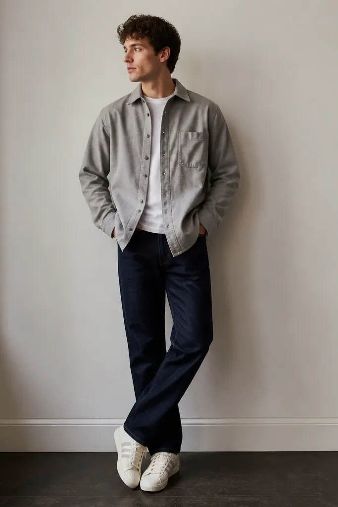 A man in a light grey flannel overshirt layered over a white tee, dark indigo jeans, and cream adidas Superstar sneakers. The overshirt is buttoned halfway and the denim is clean.