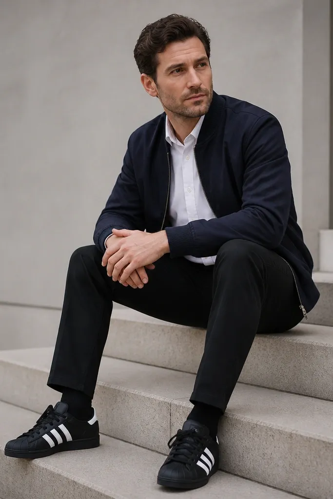 A man wearing a navy bomber jacket over a crisp white poplin shirt, black trousers, and black adidas Superstar sneakers. The bomber has a clean ribbed cuff and the shirt collar is visible.