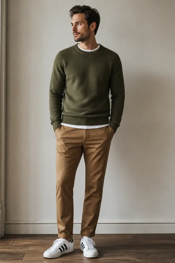 A man wearing an olive knit sweater over a white tee, brown chinos, and white adidas Superstar sneakers. The sweater sits smoothly at the waist and the chinos have a clean hem.