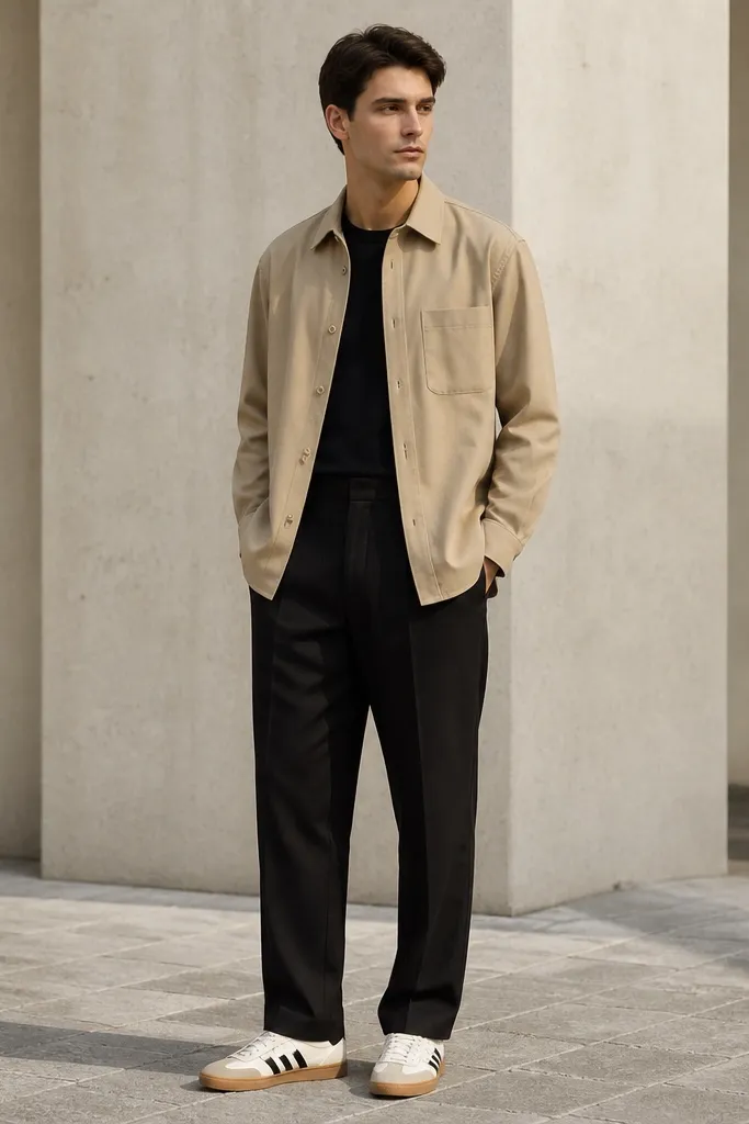 A man in a sand overshirt worn over a black crew tee, black pleated trousers, and gum-sole adidas Superstar sneakers. The overshirt is slightly long and the pleats create a crisp line.