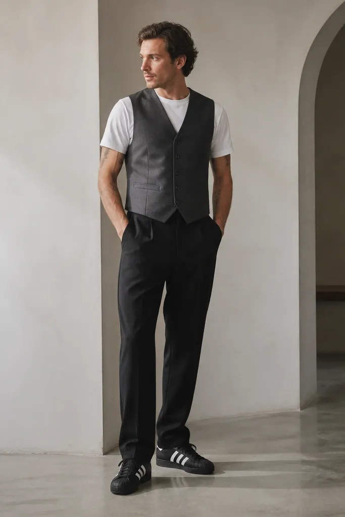 A man wearing a grey suit vest over a white crew tee, paired with black trousers and black adidas Superstar sneakers. The vest is tailored and ends at the belt line.