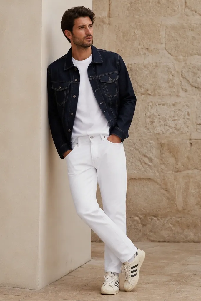 A man in a navy denim jacket over a white tee, wearing white jeans and cream adidas Superstar sneakers. The jacket has visible stitching and the jeans are clean without heavy fading.
