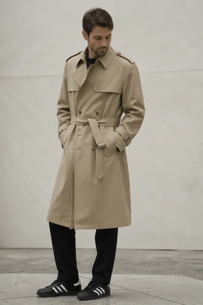 A man wearing a tan trench coat with a belt tied at the waist, black chinos, and black adidas Superstar sneakers. The trench has a visible collar and storm flap.