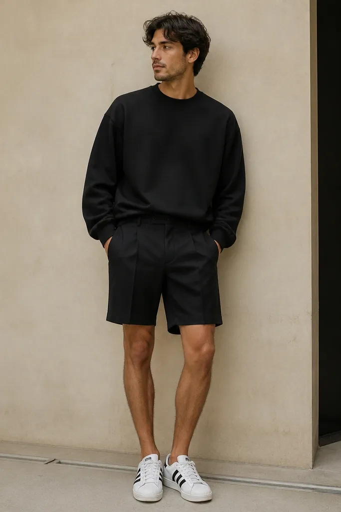 A man wearing a black oversized sweatshirt tucked slightly at the front, tailored black shorts, and white adidas Superstar sneakers. The shorts end above the knee and the sweatshirt hem sits cleanly.